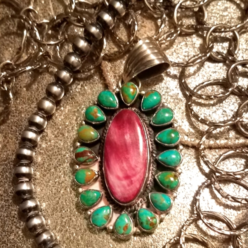 Dan Dodson Turquoise,Spiny Oyster & Sterling Silver Pendant & Necklace, Signed.